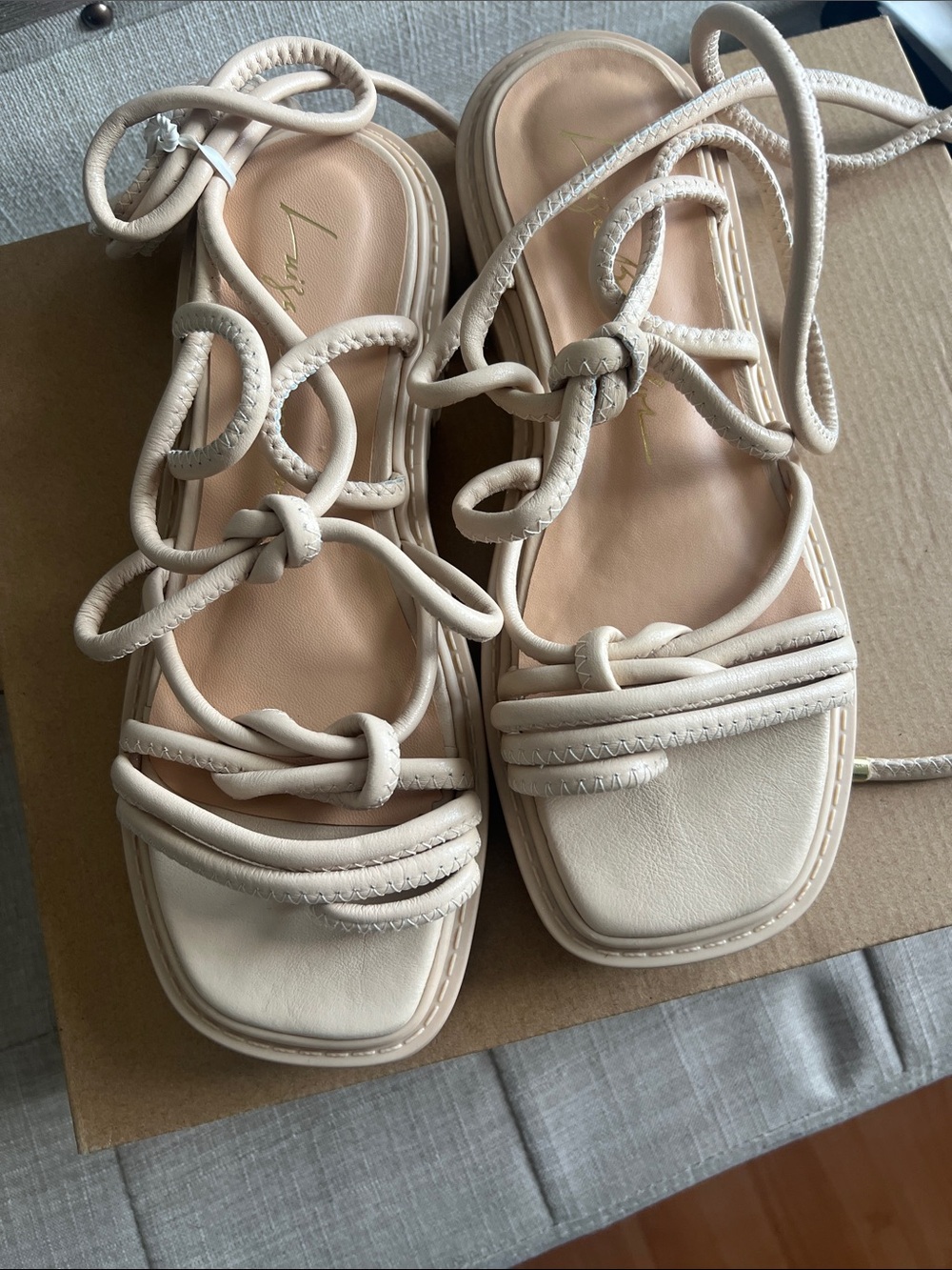 Lace-Up Strappy Sandals in Light Beige